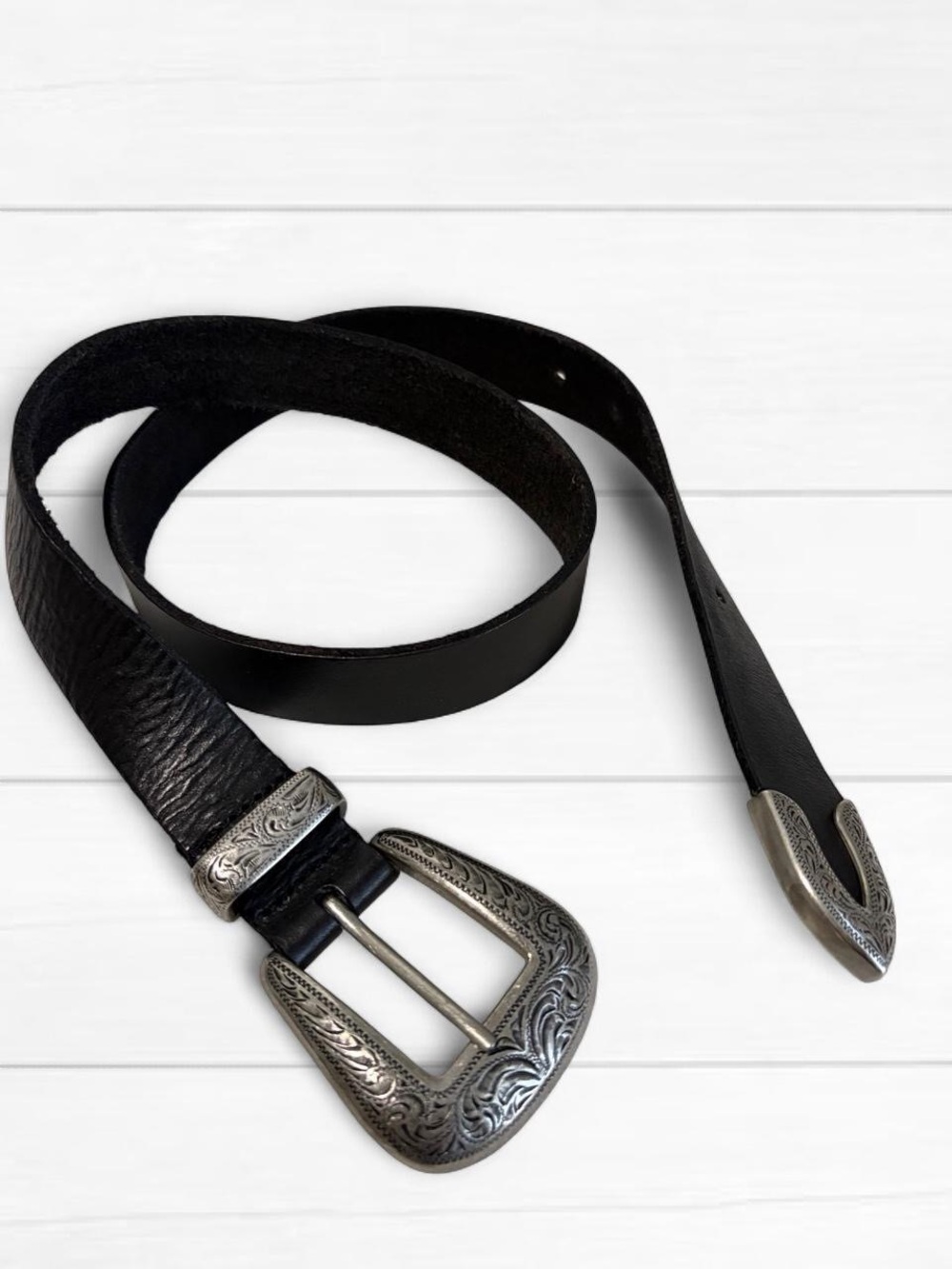 Urban Outfitters Women Black Western Leather Belt with Engraved Silver Buckle